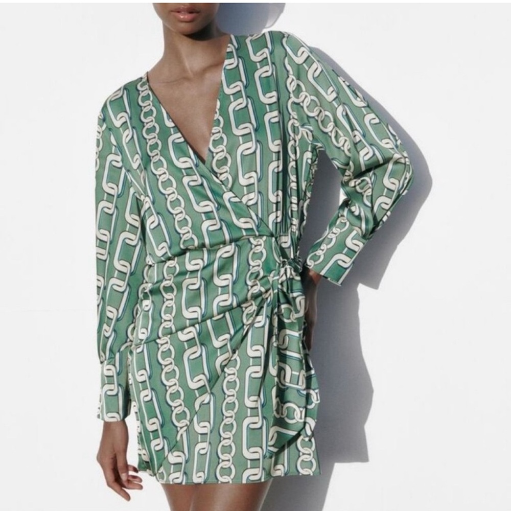 NWT Zara Chain Print Long Sleeve Satin Look Side Tie Wrap Dress